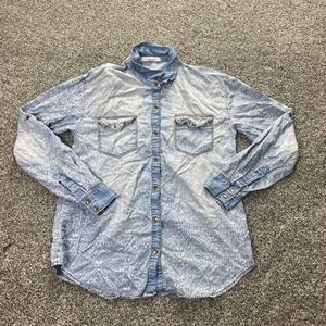 Denim Shirt Womens S Blue Jean Chambray Snap Up Flap Pocket Faded Long Sleeve